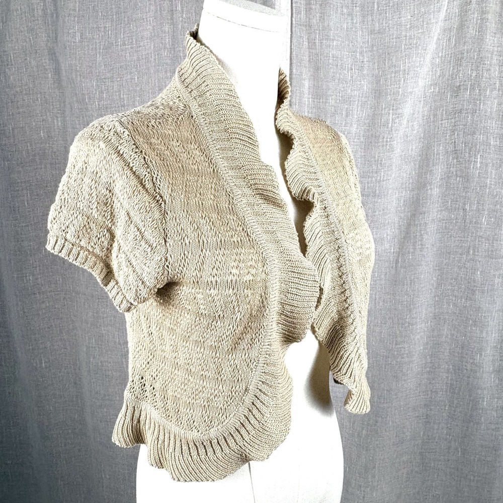 Y2K‎ Sand Color Cropped Cardigan Summer Sweater Sz Large Shrug Bolero Whimsigoth